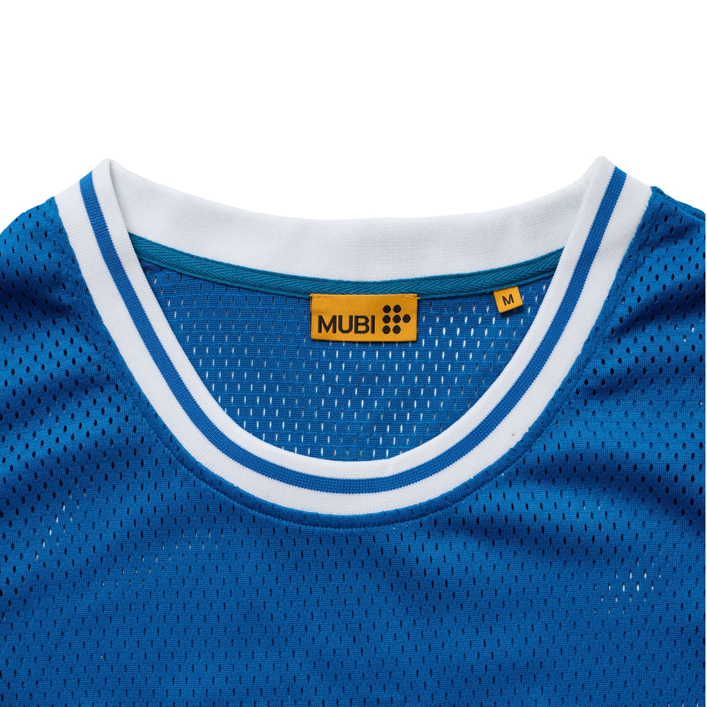 Blue mesh sports jersey with a MUBI logo on the collar 