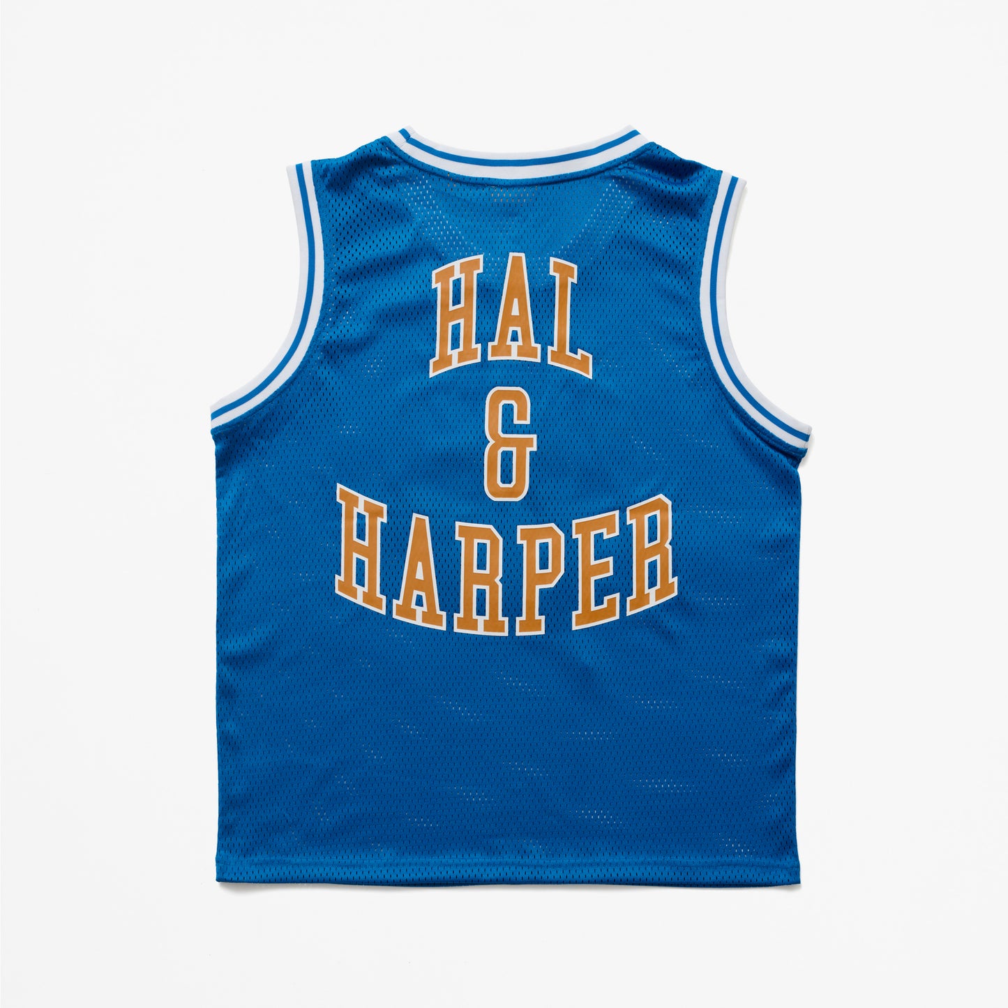 Blue basketball jersey with HAL & HARPER text on a white background
