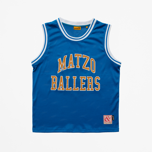 Blue basketball jersey with 'MATZO BALLERS' text on a white background