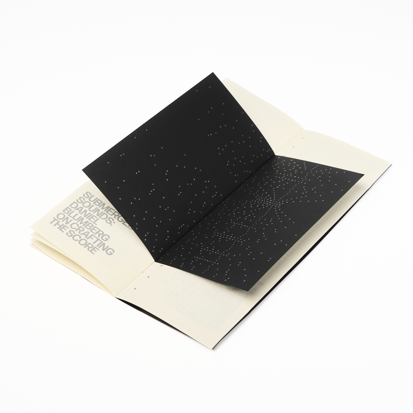 Open zine with black interior pages on a white background